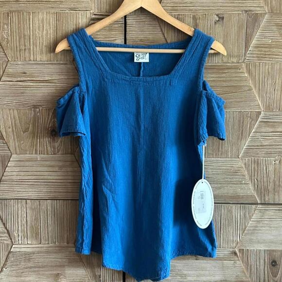 NWT Oh My Gauze! Dana Top S/M Blue Pointed Hem Open Shoulder Boho - Picture 1 of 4